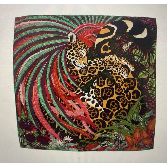 Hermes Scarf Jaguar Quetzal 90 cm 100% Silk Orange Red Carre Animal Print - Picture 1 of 6